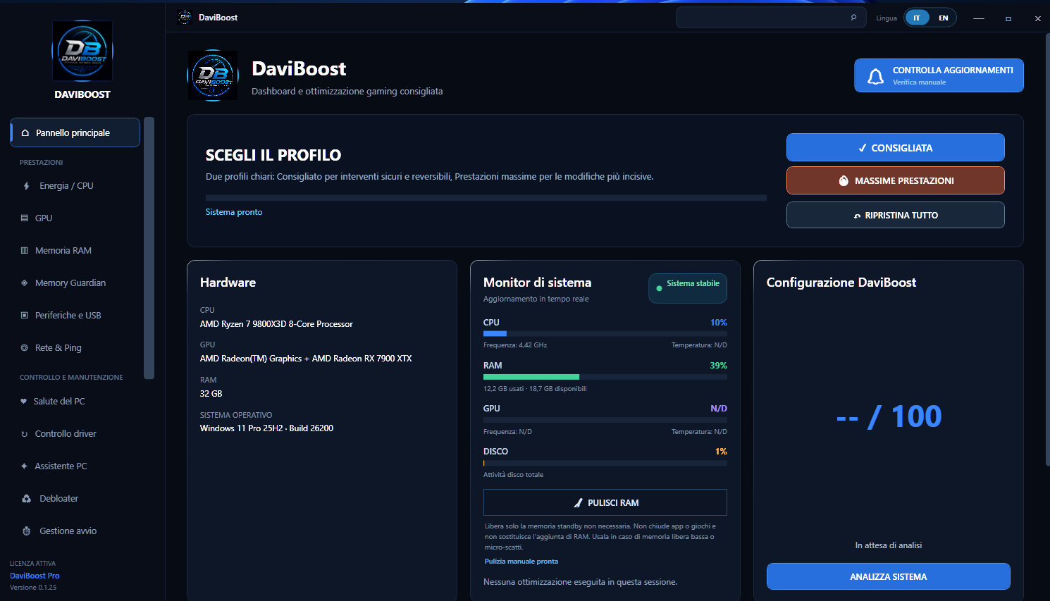 Dashboard principale DaviBoost